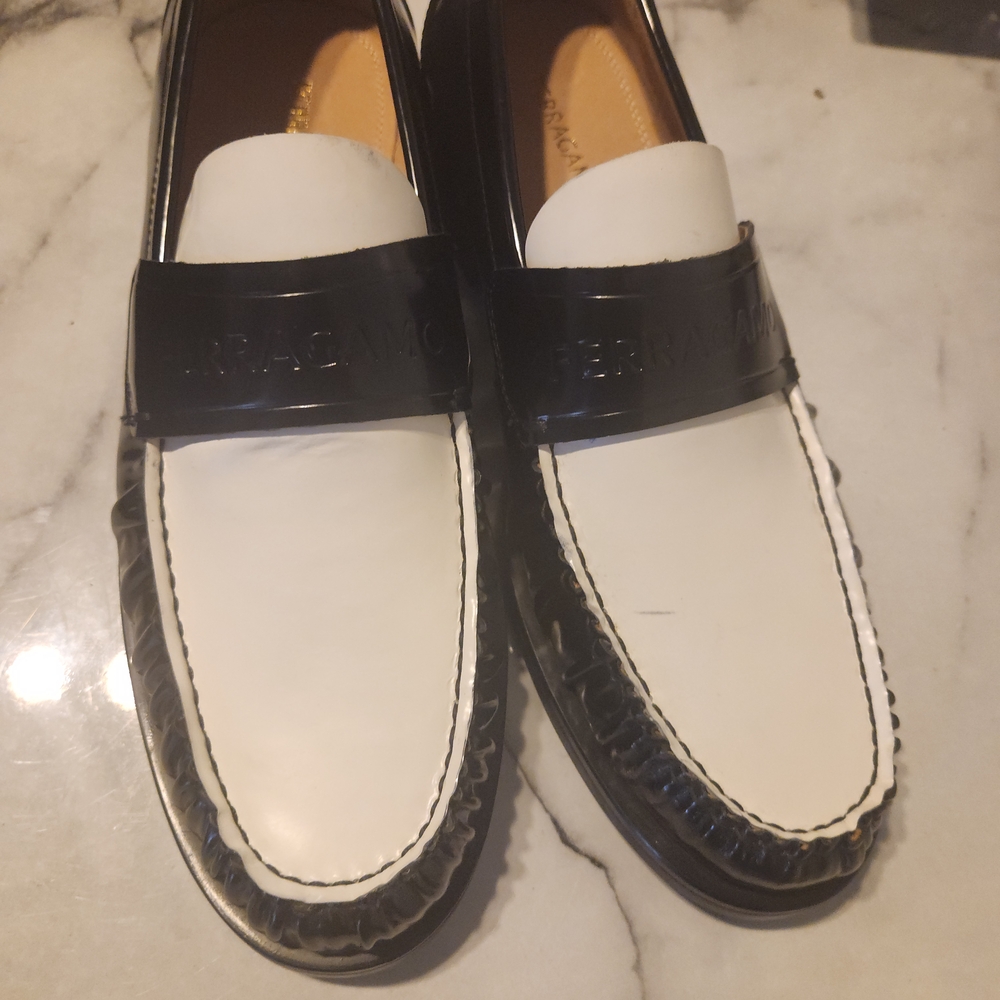 Salvatore Ferragamo Black and White Loafers Slip-Ons